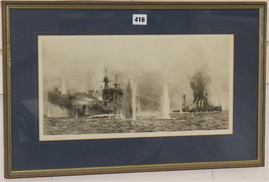 William Lionel Wyllie, etching, HMS Warspite and Warrior at Jutland, signed in pencil, 22 x 43cm